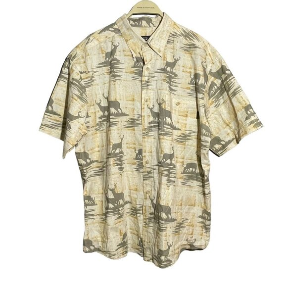 Woolrich Outdoor Button Shirt Men Size L Deer Elk Hunt Beige Short Sleeve Pocket - Picture 1 of 7